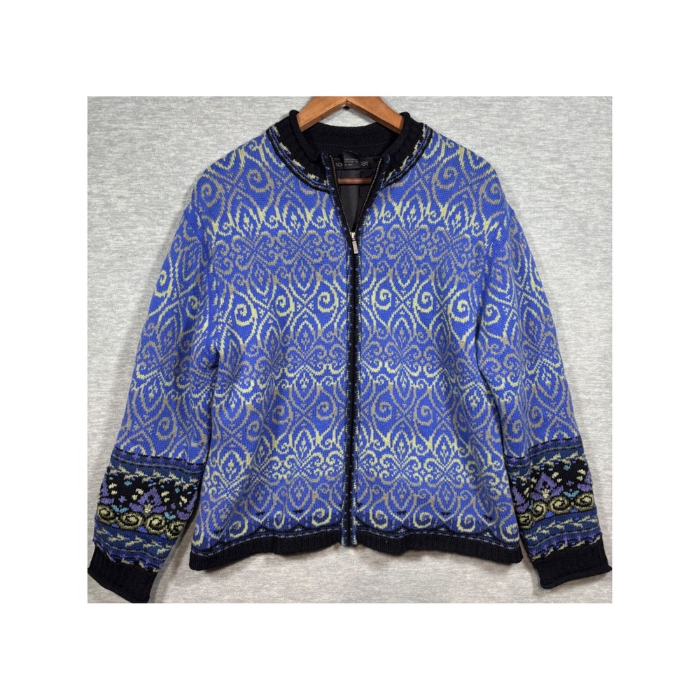 Nomadic Traders Lambswool Blend Zip‎ Up Cardigan Blue Patterned Lined Jacket
